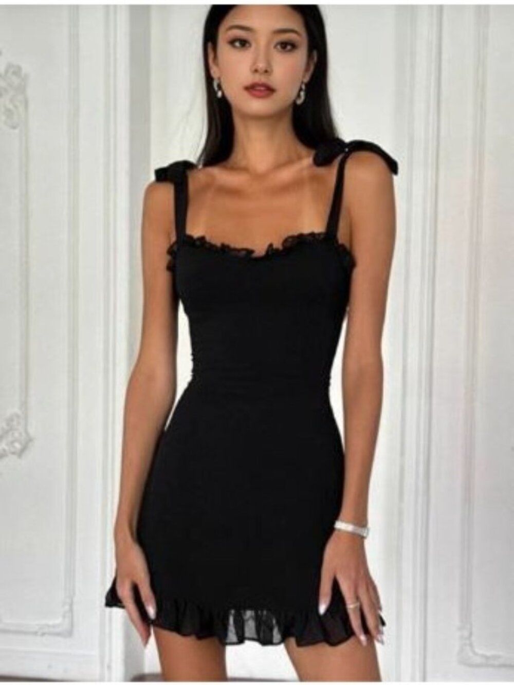 Reformation Mini Dress Size 4 Christine Black Tie Straps Ruffle Hem